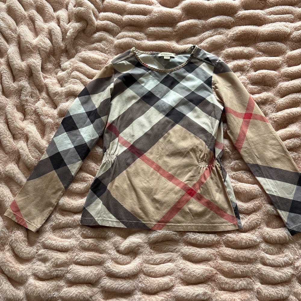 Burberry Beige Plaid Long-Sleeve Top with Black and Red Accents